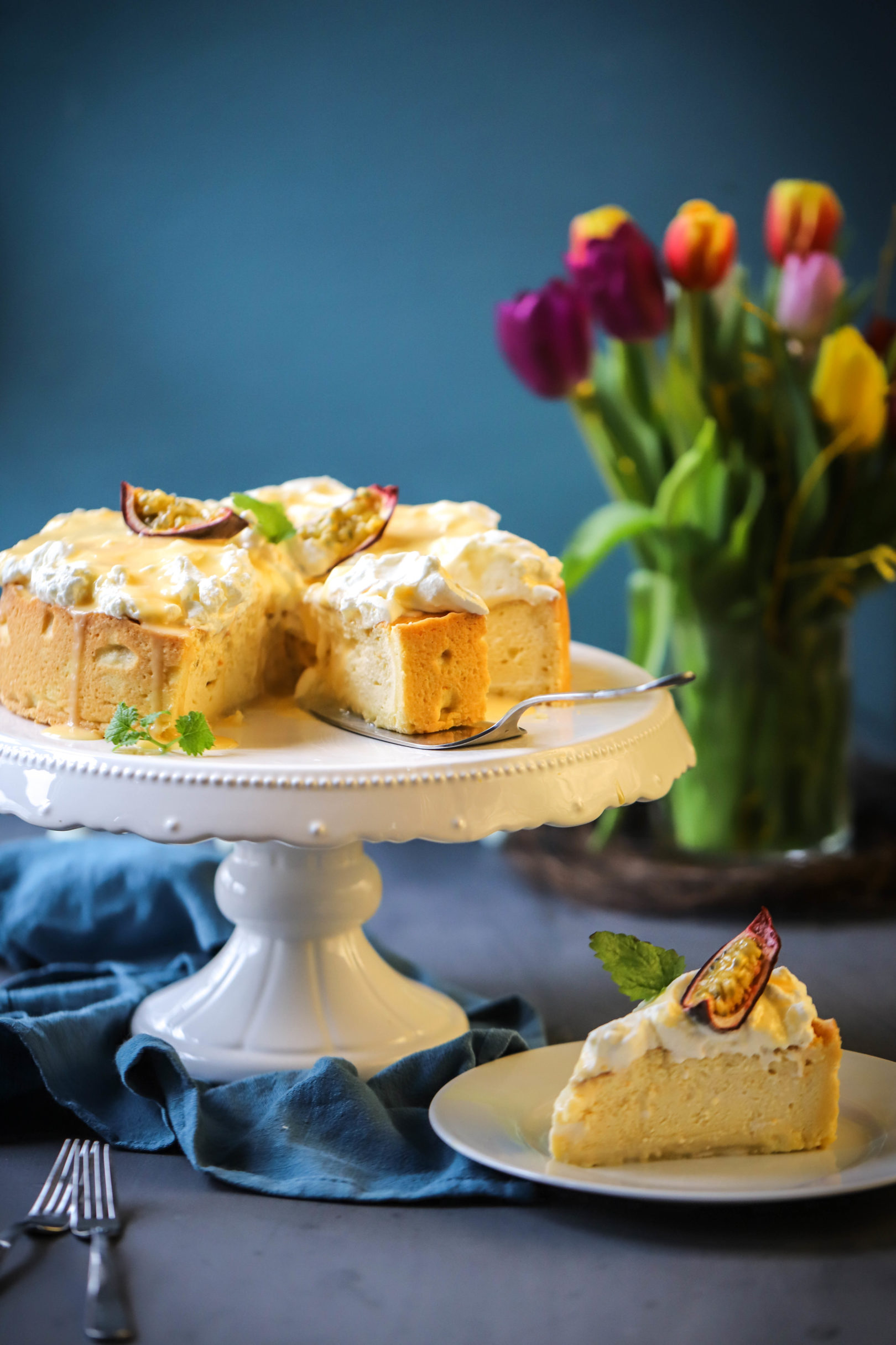 Käsekuchen mit Passionsfrüchten und Eierlikör